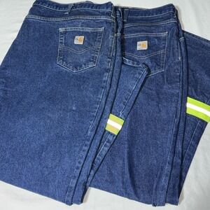 Lot of 2 Carhartt Flame Resistant Jeans Men's 54X32 Blue High Visibility Stripes